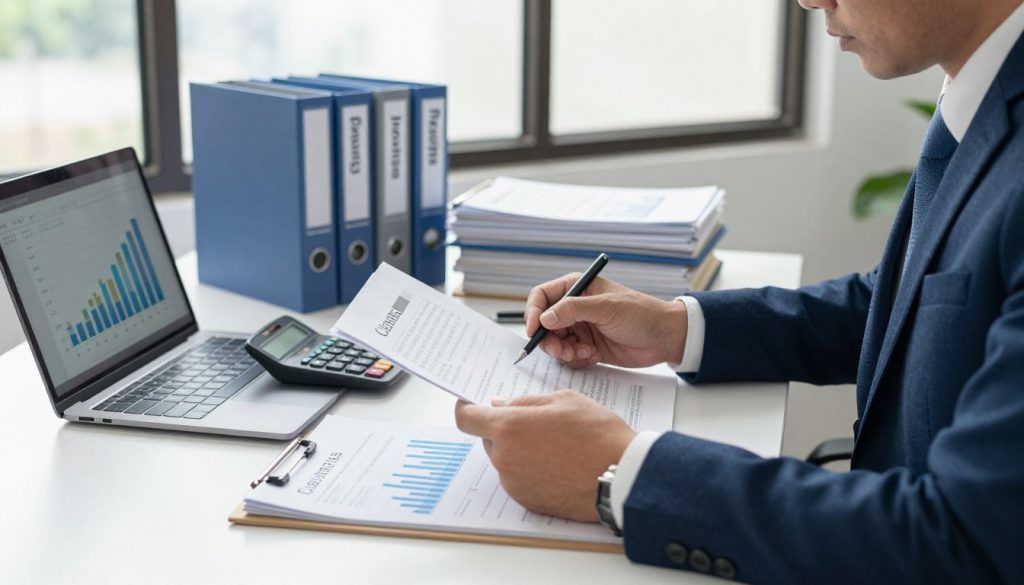 A corporate office environment showcasing a professional at a desk, meticulously documenting financial losses related to injury claims. In the foreground, a focused individual in formal business attire is reviewing a stack of paperwork and spreadsheets, with a calculator and a laptop open beside them, displaying graphs of expenses. The middle ground features a well-organized workspace filled with folders labeled "Claims," "Invoices," and "Receipts," conveying a sense of meticulousness. In the background, large windows allow soft, natural light to illuminate the room, enhancing the serious yet productive atmosphere. The overall mood is one of diligence and professionalism, highlighting the importance of accurate financial documentation in the claims process.