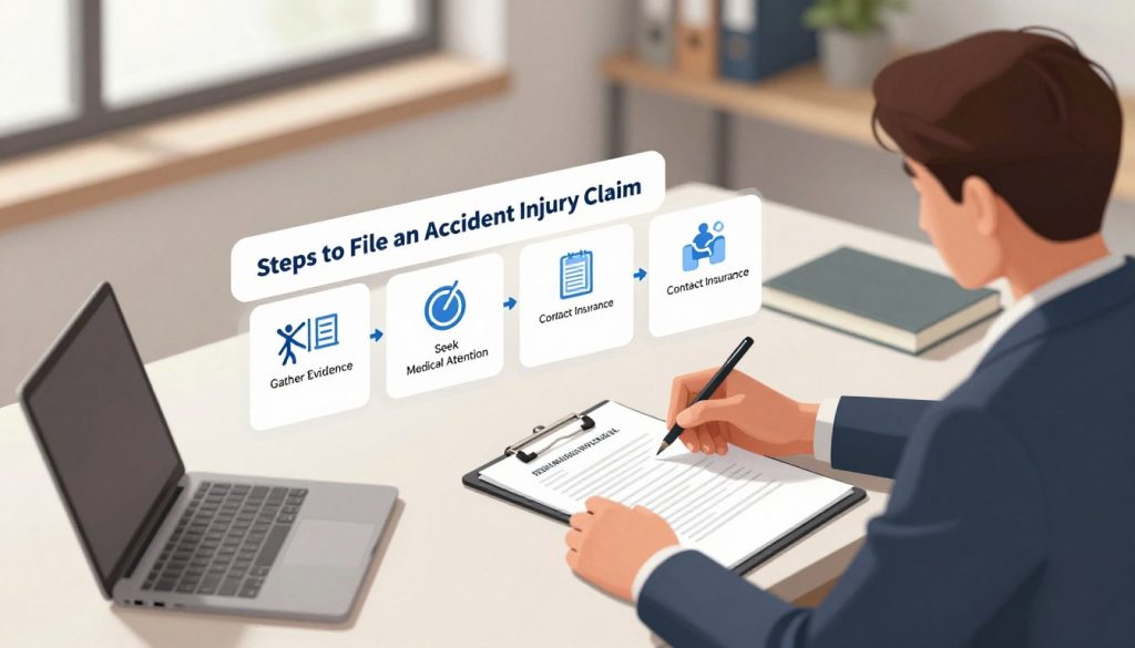 A detailed illustration showing the "Steps to File an Accident Injury Claim." In the foreground, depict a professional individual, dressed in business attire, sitting at a desk with documents, a laptop, and a clipboard. The middle layer includes visual steps like a checklist with items such as "Gather Evidence," "Seek Medical Attention," and "Contact Insurance." In the background, a calm and organized office setting with soft lighting from a large window, casting gentle shadows. The atmosphere is focused and optimistic, reflecting the determination to navigate the claims process. Use a slight overhead angle to provide a comprehensive view of the workspace, highlighting the essential steps involved in filing a claim effectively.