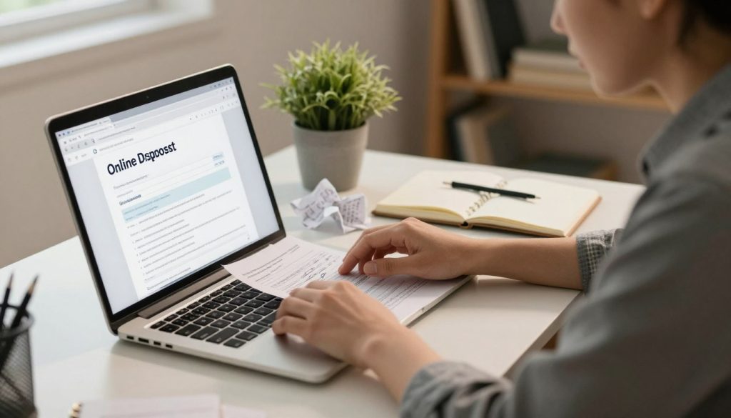 A focused scene depicting a person sitting at a desk, engaged in filing an online purchase dispute. In the foreground, a laptop screen displays an open browser window with an online dispute form. The individual, dressed in smart casual attire, shows a serious expression as they carefully type. In the middle, a few crumpled receipts and an open notebook with scribbles sit next to the laptop, emphasizing the importance of documentation. The background features a softly lit home office with a potted plant and a bookshelf, creating a calm, organized atmosphere. The lighting is warm and inviting, casting gentle shadows that add depth, while the angle is slightly above eye-level to convey a sense of focus and determination. The overall mood is one of diligence and resolution.