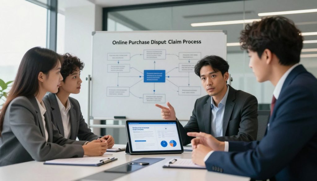 A modern, informative scene depicting the "Online Purchase Dispute Claim Process." In the foreground, a diverse group of three professionals, dressed in smart business attire, is gathered around a sleek conference table. They are engaged in animated discussion while examining a large digital tablet displaying relevant data and graphics related to online purchase claims. The middle ground features a large whiteboard filled with flowcharts and diagrams that illustrate the steps of the dispute process. In the background, a contemporary office with large windows allows natural light to pour in, creating an open and collaborative atmosphere. The lighting is bright but soft, enhancing focus on the people and materials. The angle is slightly elevated, providing a clear view of the interactions and information presented, evoking a sense of professionalism and teamwork.