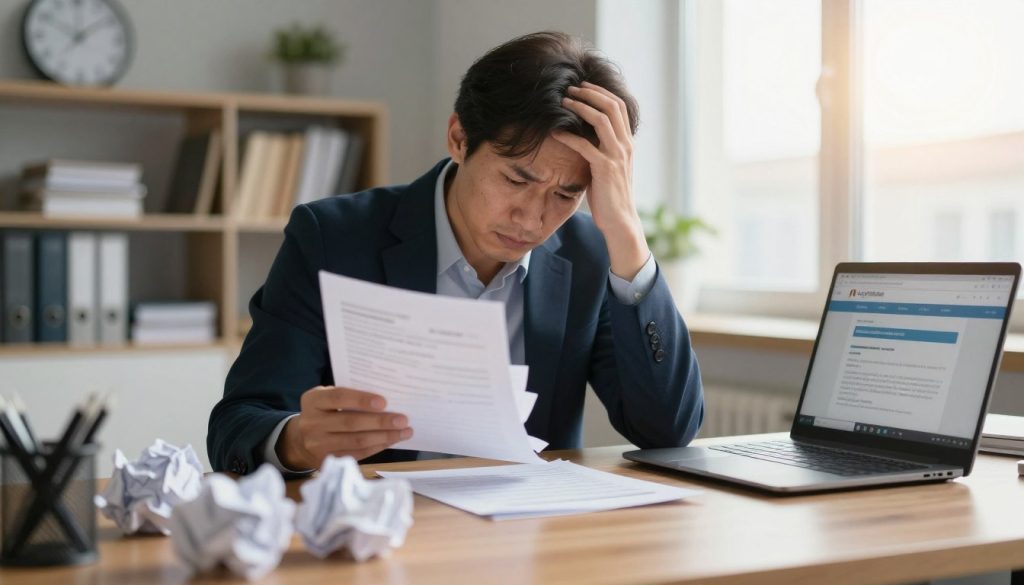 A person sitting at a wooden desk in an office setting, looking distressed while holding a pile of receipts and papers that symbolize disappointment from being cheated by a company. In the foreground, crumpled documents are scattered around, and a laptop shows a legal advice website. The middle of the image features the individual, a middle-aged person in professional attire, with a furrowed brow and a worried expression. The background reveals a soft-focus office environment with shelves containing books and a clock showing late afternoon light streaming through a window. The atmosphere conveys a sense of frustration and determination, with warm, natural lighting creating a reflective mood, inviting viewers to contemplate their own actions when facing injustice.