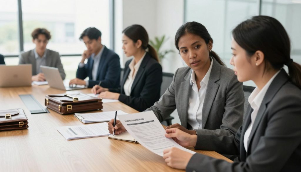 A professional business setting featuring a diverse group of individuals discussing eligibility requirements for claims. In the foreground, depict three adults – a Caucasian woman, a Black man, and an Asian woman – dressed in smart business attire, engaged in a focused conversation over a document that outlines claims criteria. In the middle ground, a large wooden conference table is strewn with briefcases, papers, and laptops, indicating a busy workspace. In the background, a modern office environment with large windows letting in natural light, creating a bright and airy atmosphere. The scene should convey a sense of collaboration and professionalism, captured with a slightly upward camera angle to emphasize the participants' engagement and the importance of the discussion. Soft lighting enhances the inclusivity and warmth of the scene.