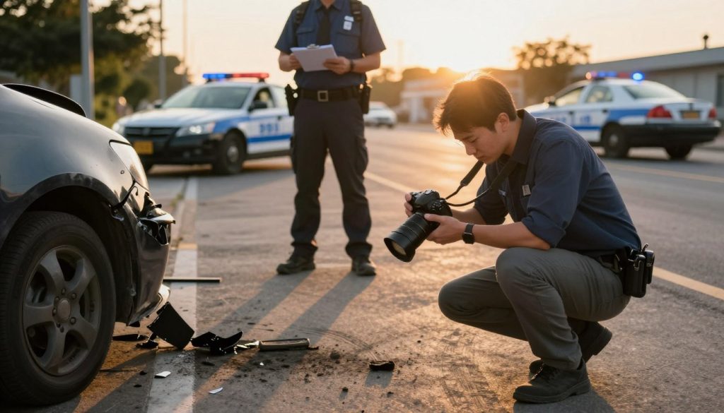 A professional investigator documenting an accident scene, focused on capturing detailed photographic and video evidence. In the foreground, a person wearing smart casual clothing is crouched near a damaged vehicle, holding a camera and taking pictures of tire marks and debris. The middle ground features another investigator with a notepad, examining the scene, and a police car in the background with flashing lights. The sun is setting, casting a warm, golden light that creates long shadows, enhancing the seriousness of the scene. The atmosphere is calm yet tense, emphasizing the importance of accurate documentation in injury claims. The angle is slightly elevated, providing a comprehensive view of the accident site while maintaining a clear focus on the individuals.