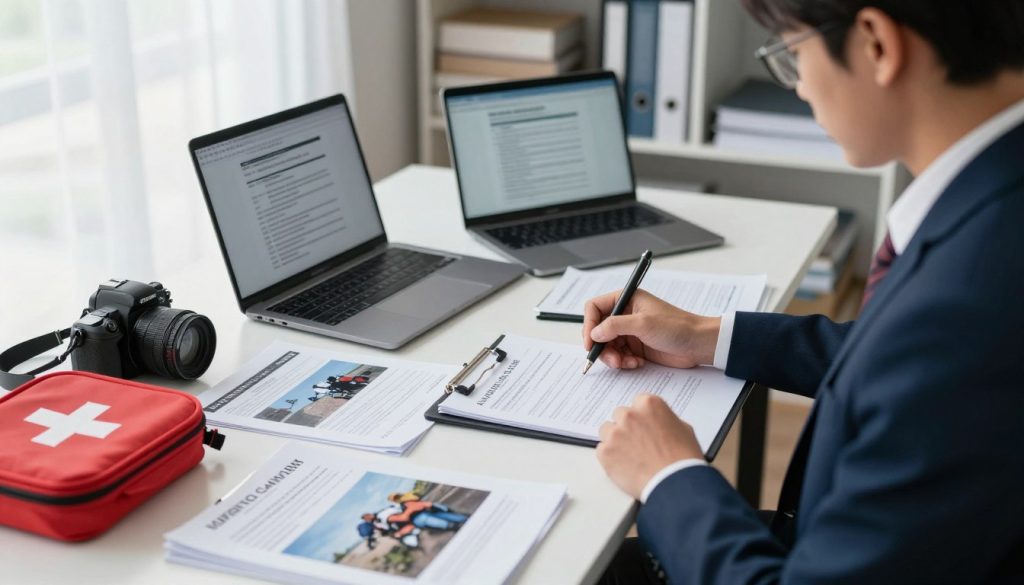 A professional investigator in business attire is meticulously documenting evidence for injury claims in a well-lit office setting. In the foreground, a focused individual is taking notes on a clipboard, surrounded by files, photographs of the accident scene, and medical reports. The middle layer features a desk cluttered with essential items like a camera, a first aid kit, and a laptop displaying legal documents. In the background, shelves filled with books about injury law provide context. Soft natural light filters through a window, creating a calm and serious atmosphere. The angle captures a slightly elevated view, emphasizing the organized chaos of evidence gathering, highlighting the importance and thoroughness of the process.