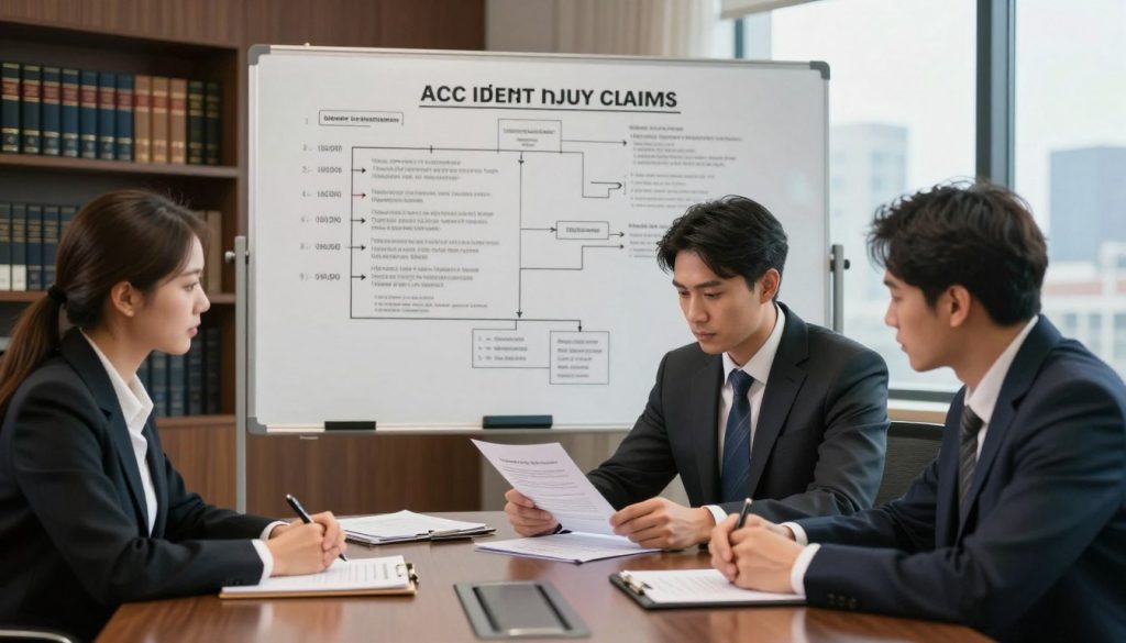 A professional office environment depicting the litigation process for accident injury claims. In the foreground, a diverse group of two lawyers (one male, one female) in business attire, intensely discussing a case file and documents over a polished conference table. The middle layer features a large whiteboard filled with timelines, legal jargon, and case flow charts, illustrating the litigation process. In the background, blurred shelves lined with legal books and a window offering a view of a city skyline under soft, natural light. The atmosphere is serious yet focused, conveying the diligence and complexity of navigating litigation. The overall lighting is bright and warm, emphasizing a professional tone without any distractions.