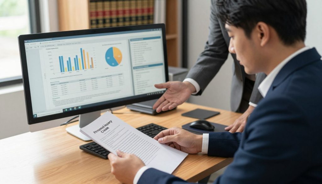 A professional office setting depicting the personal injury claim process. In the foreground, a person in business attire sits at a desk, reviewing documents with a focused expression. To the side, another individual, also in professional attire, gestures while explaining details of a claim. In the middle ground, a computer screen displays charts and claim forms, emphasizing organization and clarity. The background features a bookshelf filled with law books and a window allowing natural light to filter in, creating an inviting atmosphere. Use soft, warm lighting to convey a supportive and professional mood. The angle is slightly elevated, providing a comprehensive view of the interactions and documents involved in filing a personal injury claim.