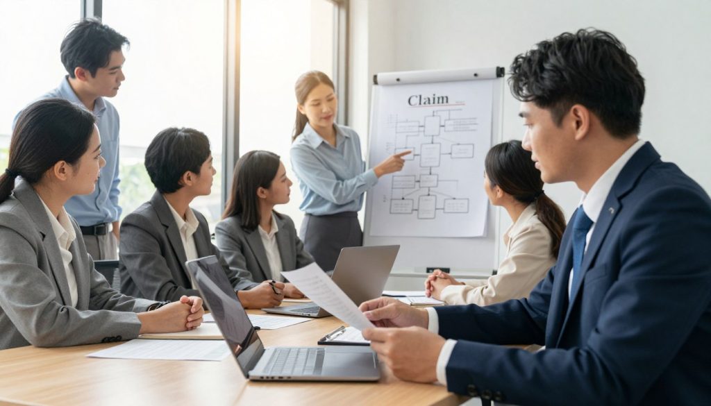 A professional office setting depicting the personal injury claim process. In the foreground, a business professional in formal attire is seated at a desk with paperwork and a laptop, reviewing documents with a focused expression. In the middle, a diverse group of individuals, all dressed in professional business attire, are engaged in discussions, with one person pointing at a chart on a flipboard showing the steps of the claim process. The background features a window with natural light streaming in, illuminating the setting. The atmosphere is serious yet positive, conveying a sense of guidance and support. Use a wide-angle lens to capture the collaborative spirit of this process, with soft, warm lighting to create an inviting yet professional mood.