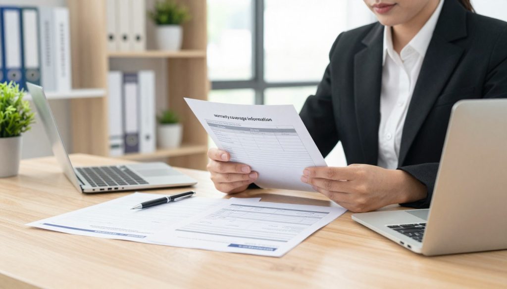 A professional workspace scene that illustrates "warranty coverage information". In the foreground, a neatly arranged wooden desk displays a clearly organized file containing warranty documents, a pen, and a laptop with an open spreadsheet showing a warranty claim process. In the middle, a person in professional business attire attentively reviews the papers, their expression focused and determined. The background features a well-lit office with shelves of reference books on consumer rights, a small indoor plant, and a large window allowing natural light to filter in, creating a warm and inviting atmosphere. The overall mood conveys professionalism and clarity, emphasizing the importance of understanding warranty claims in a consumer-friendly way. Bright, soft lighting enhances the scene without harsh shadows, with a soft focus on areas not central to the action, creating depth.