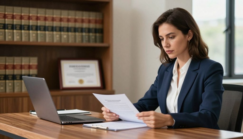 A serious and focused consumer rights attorney stands confidently in an office setting. In the foreground, a professional woman with shoulder-length brown hair is seated at a sleek wooden desk, wearing a tailored navy blue blazer and a white blouse. She is reviewing legal documents, with a look of determination on her face. In the middle ground, shelves lined with law books and a framed certificate display her credentials. On the desk, a laptop is open, showing graphs and legal options. The background features a window with natural light streaming in, casting a warm glow over the scene. The atmosphere is professional, emphasizing trust and competence, ideal for conveying the importance of legal options and seeking compensation. Soft focus on background elements to highlight the attorney's focused demeanor.