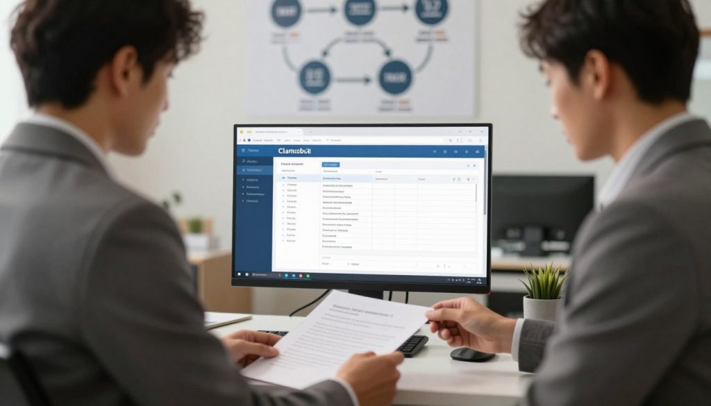 A visually engaging scene depicting the refund and warranty claim process, set in a modern office environment. In the foreground, a professional individual in business attire is reviewing documents at a sleek desk, looking focused and determined. In the middle plan, a computer screen displays an organized list of claims and spreadsheets, symbolizing the systematic approach to claims management. The background features a simple yet effective wall chart illustrating steps of the refund process, with soft lighting highlighting the workspace and creating a calm atmosphere. The overall mood is one of clarity and professionalism, embodying the concept of a comprehensive guide to refunds and warranties. The scene should have warm, inviting colors and a slight depth of field to draw attention to the foreground.