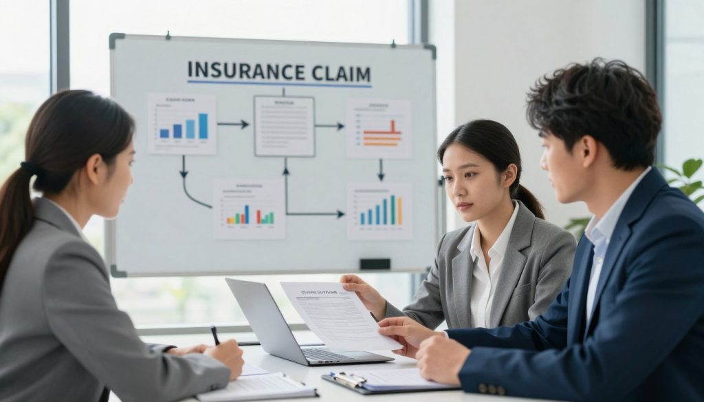A well-organized insurance claim process illustrated in a professional office setting. In the foreground, depict a diverse group of three individuals dressed in smart, business attire, engaged in a discussion over a claim document on a modern desk. The middle ground features a flowchart on a whiteboard with arrows indicating the step-by-step process of filing an insurance claim, alongside charts showing statistics and outcomes. The background includes a large window with natural light streaming in, creating a bright and inviting atmosphere. Use soft lighting to enhance the professionalism of the scene, with a slight depth of field to focus on the individuals and the flowchart. The mood should be collaborative and informative, embodying the essence of clarity in navigating the insurance claim process.