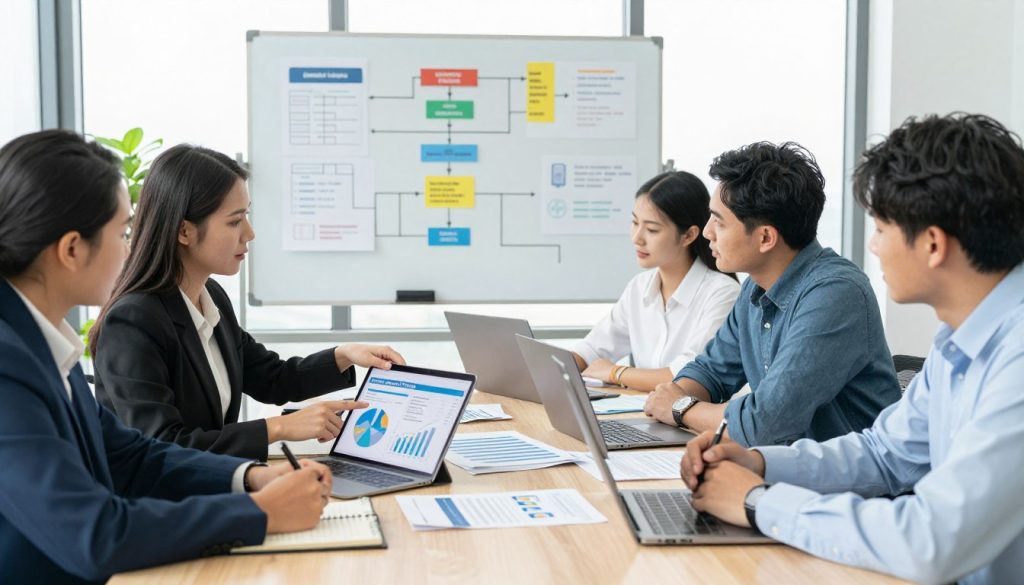 A well-organized office setting featuring a diverse group of professionals engaged in a discussion around a large table filled with documents and digital devices. In the foreground, a woman in a business suit is pointing at a chart labeled "Claim Approval Criteria" on a tablet, while a man in a smart-casual outfit takes notes. The middle ground showcases a whiteboard filled with flowcharts and diagrams illustrating eligibility criteria for claims, with different colors and graphics enhancing clarity. In the background, a window allows natural light to flood the room, creating a bright and focused atmosphere. The scene conveys an air of collaboration, professionalism, and determination, ideal for exploring tools and resources to verify claim eligibility.